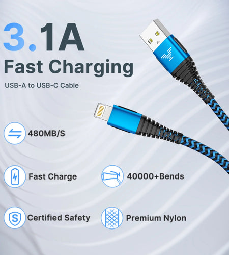 2 Pack Iphone Charger Cord 10Ft, Nylon Braided 3A Fast Charging Cable Compatible with Iphone 14/13/12/11, Blue