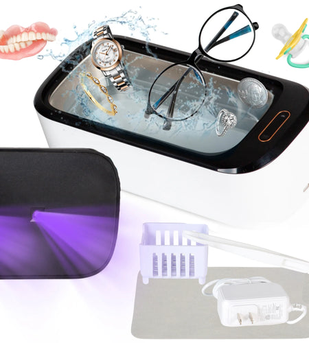 Ultrasonic Jewelry Cleaner & UVC Professional Sterilizer Machine, 550Ml 46Khz Power Portable Ultra Sonic Cleaner for Cleaning Glasses, Watches, Coins, Makeup, Dentures, Earring, Watch, 1 Year Warranty
