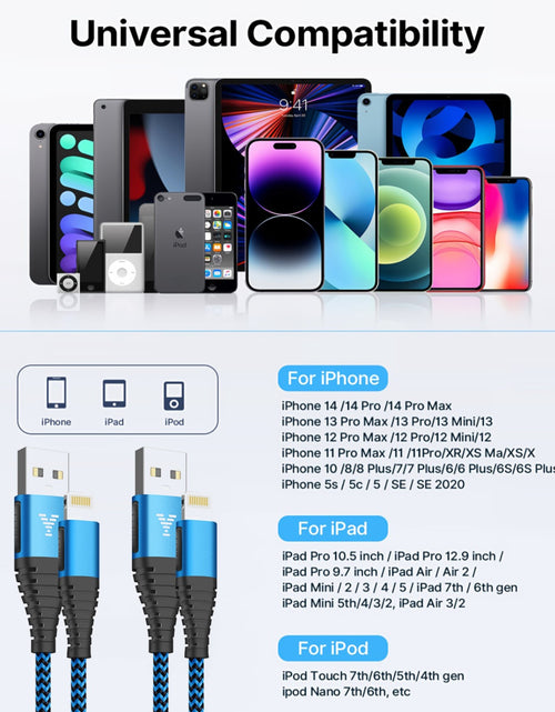 Load image into Gallery viewer, 2 Pack Iphone Charger Cord 10Ft, Nylon Braided 3A Fast Charging Cable Compatible with Iphone 14/13/12/11, Blue

