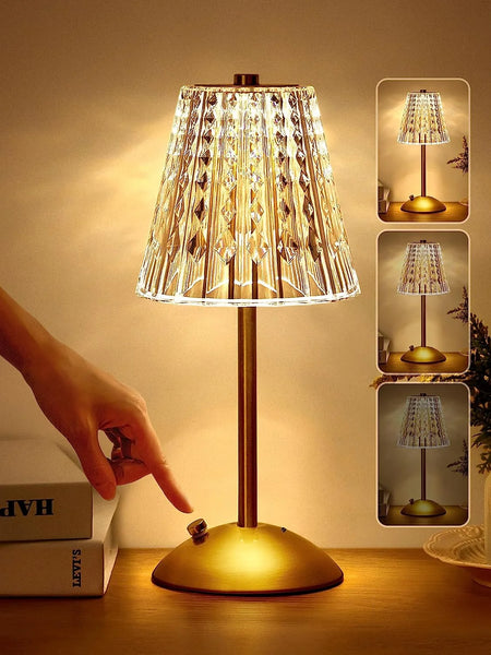Table Lamps, Dimmable Crystal Table Lamp 3 Colors LED Gold Lamp,Touch Lamp Diamond Crystal Lamp, Rechargeable Small Lamp, Cordless Lamp Bedside Lamp for Bedroom Living Room Bathroom Hotel Bar